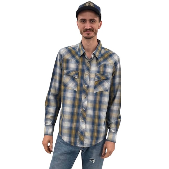 Wrangler Western Shirt Long Sleeve Button Up Pearl Snaps Blue Tan Plaid | Large - Picture 2 of 14